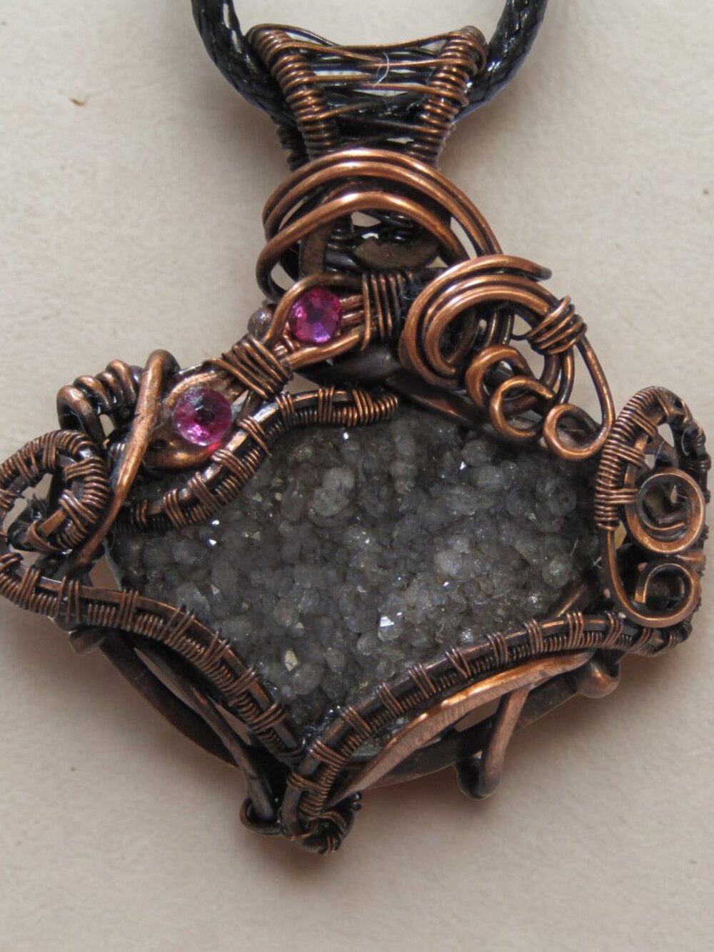 Handmade Wire Wrapped Obsidian Druzy Pendant, Raw Copper Wire, Oxidized/ waxed